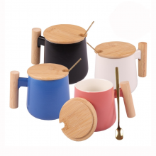 Wooden Handle Ceramic Mug with Bamboo Lid and Spoon